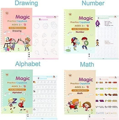 Reusable Magic Copybook for Kids | Handwriting, Math & Drawing (4 Books + Pen Set)